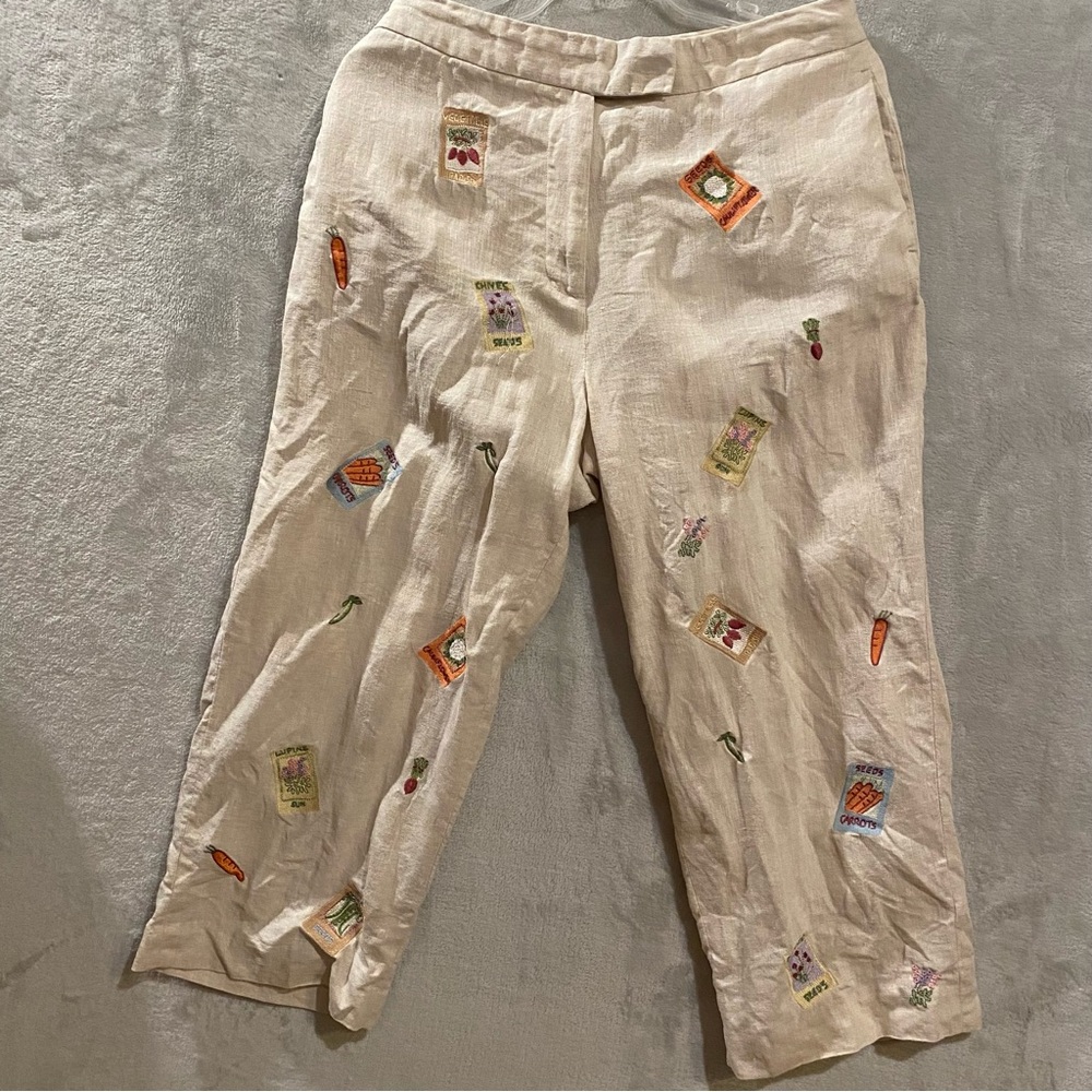 Jeane&White Pants Women’s 10P Tan Capris Linen Flower& Vegetable Packets Garden